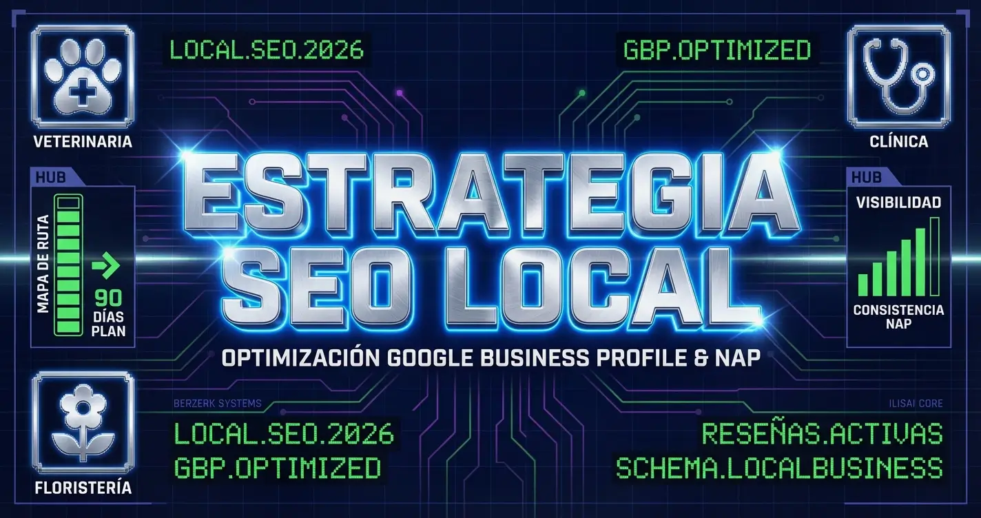 Gráfico digital que explica una estrategia de SEO local basada en Google Business Profile, NAP, reseñas y visibilidad local.