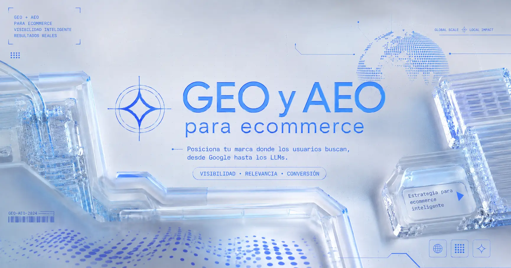 Esquema editorial de GEO y AEO para ecommerce. A la izquierda, una persona pregunta a un asistente de IA por un producto. En el centro, el modelo de lenguaje despliega una rueda de subconsultas (query fan-out) que tocan Google Search, Schema.org, feeds de Merchant Center, reviews de terceros y APIs de tienda. A la derecha, la respuesta sintetizada por la IA muestra el producto de una tienda Shopify como cita principal, con un botón de compra directa. Tipografía clara y paleta de tonos azul Berzerk.