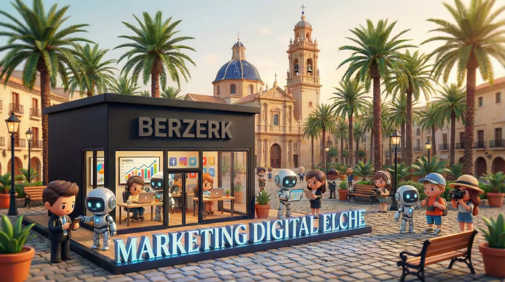 Ilustración estilo chibi de una oficina moderna de color negro con el logotipo 'BERZERK' en una plaza mediterránea tipo Elche, con personas trabajando en ordenadores y figuras robóticas, rodeado de palmeras, bancos y la iglesia Santa Maria con cúpula azul al fondo. El letrero base dice 'Marketing Digital Elche'.