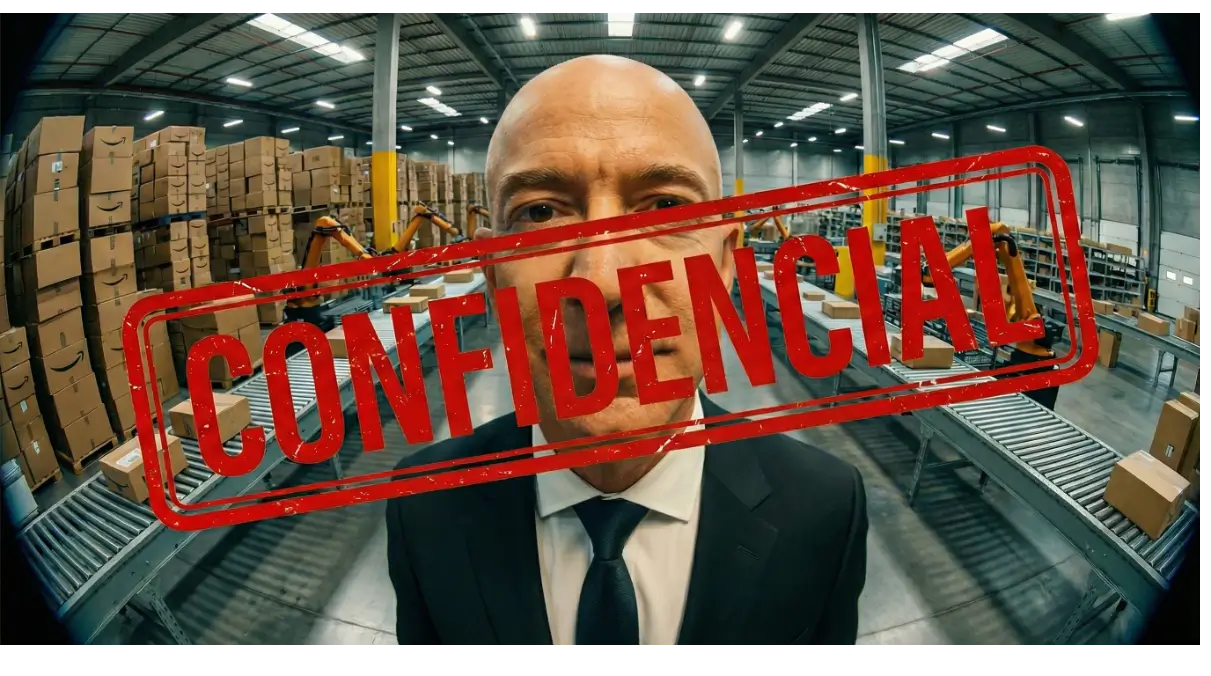 Ejecutivo en un almacén de Amazon con cajas y robots logísticos, con un sello rojo de confidencial superpuesto