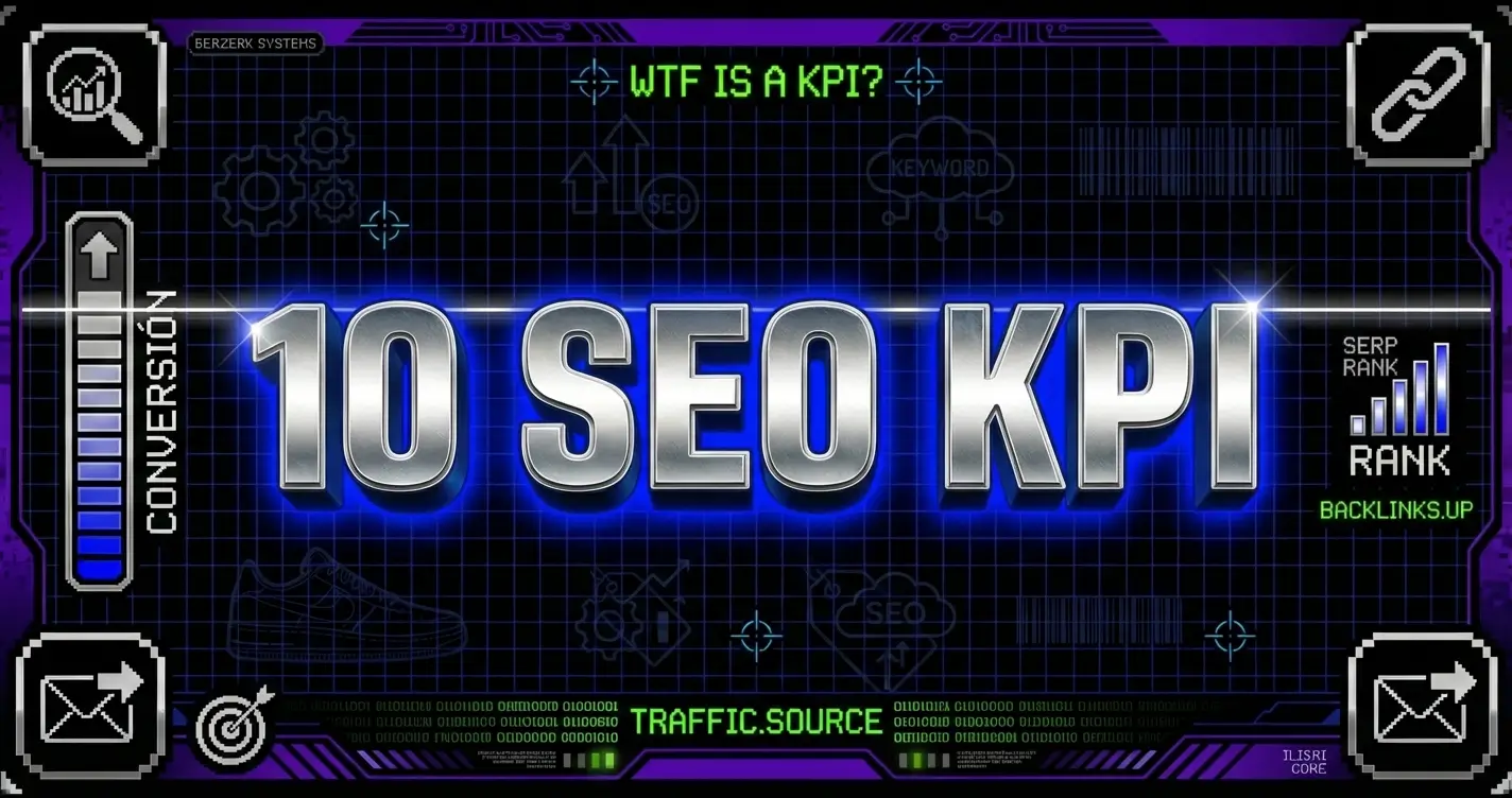 Banner de blog con diseño futurista estilo interfaz digital. Texto principal '10 SEO KPI' en tipografía cromada 3D. Incluye elementos visuales de métricas SEO: icono de lupa, enlaces, diana de conversión, gráficos de ranking SERP y backlinks. Fondo de cuadrícula azul-púrpura